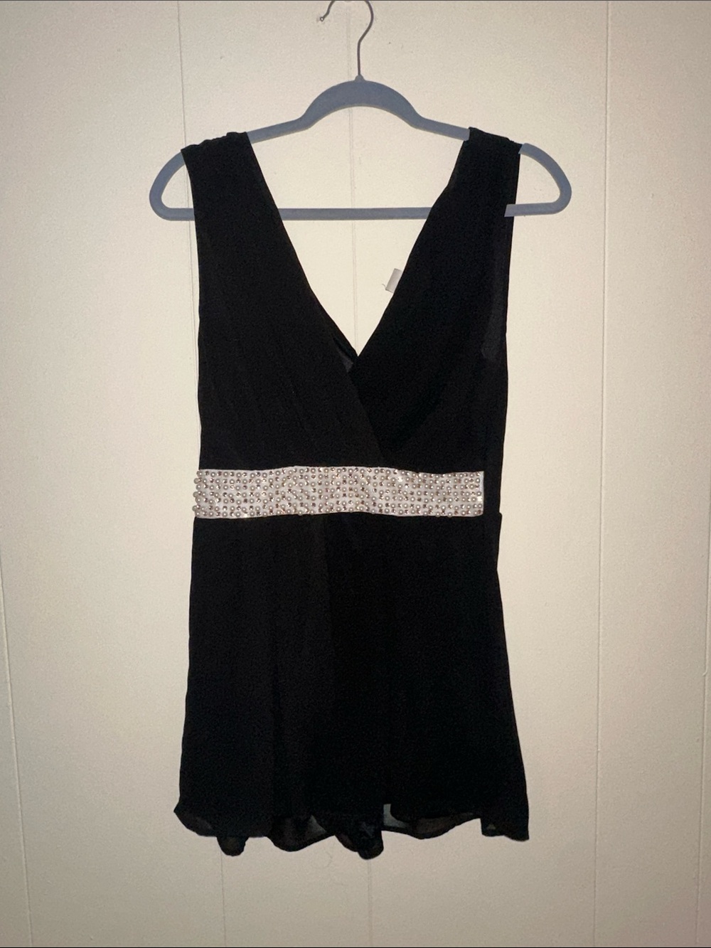 Black V-Neck Romper with Rhinestone Waistband